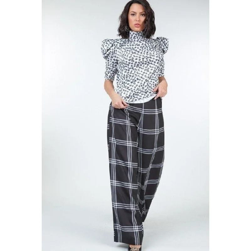 High Waist Plaid Print Wide Leg Pants