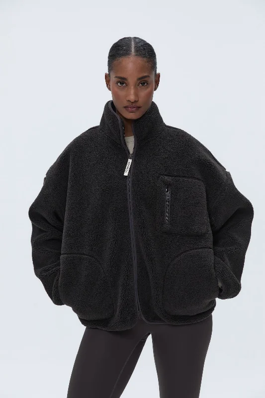 Oversized Pocket Zip Through Fleece - Coffee Bean