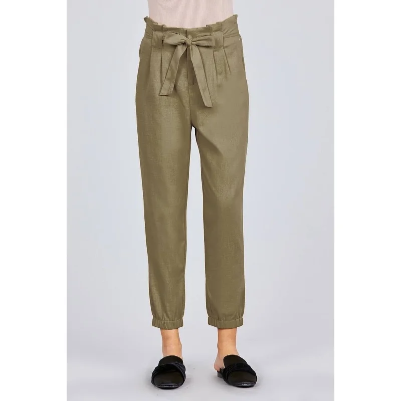 Paperbag with Bow Tie Elastic Hem Long Linen Pants