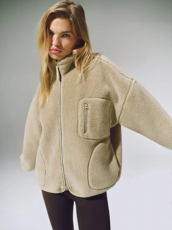 Oversized Pocket Zip Through Fleece - Sand