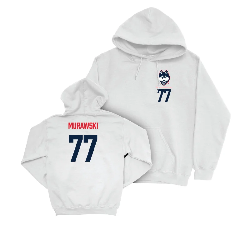 UConn Football Logo White Hoodie - Benjamin Murawski | #77