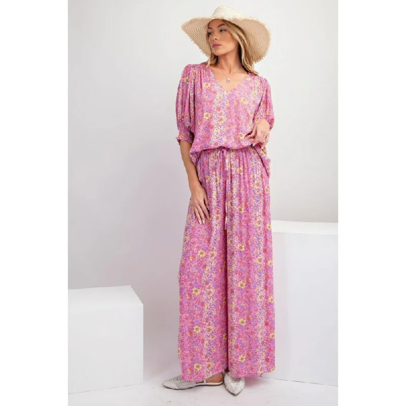 Pink Rayon Floral Print Gauze Palazzo Pants