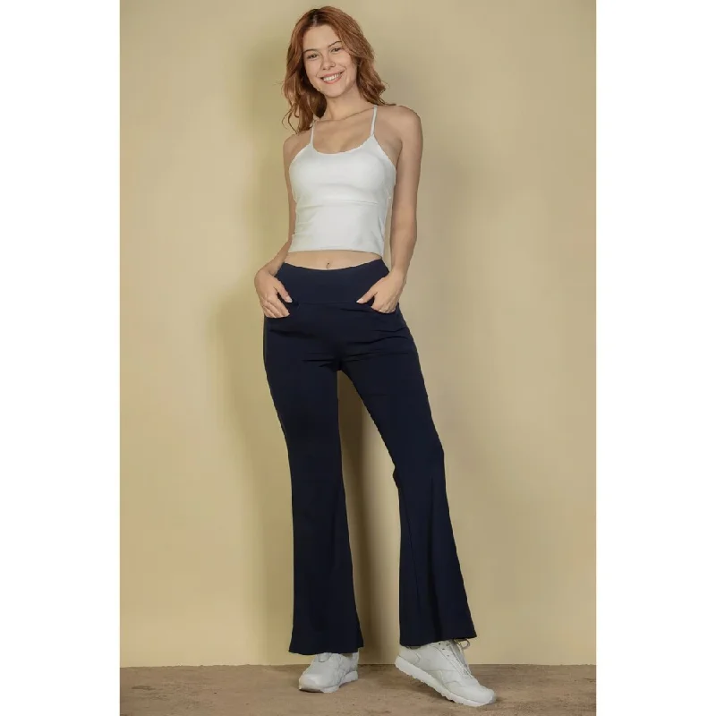 Navy Polyester High Waisted Front Pocket Flare Pants