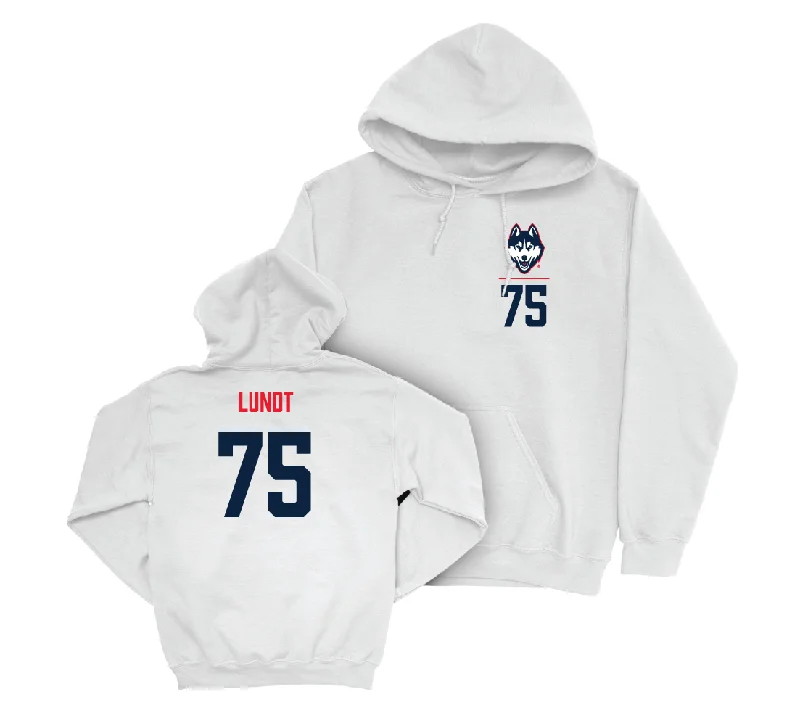 UConn Football Logo White Hoodie - Chase Lundt | #75