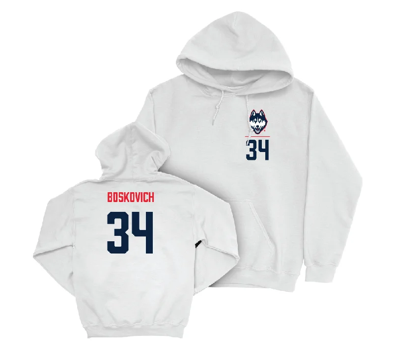 UConn Football Logo White Hoodie - Carter Boskovich | #34