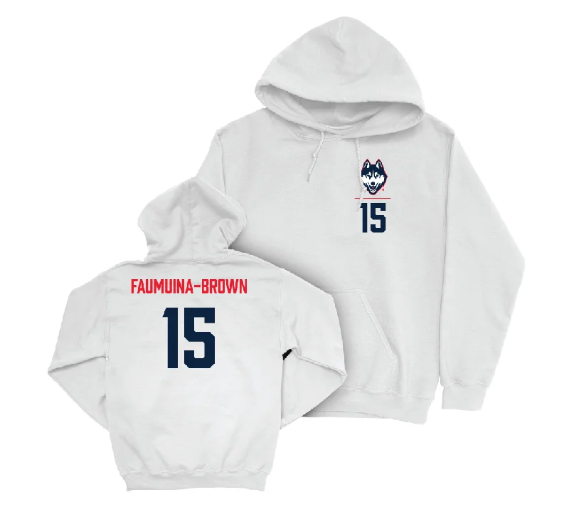 UConn Football Logo White Hoodie - Tui Faumuina-Brown | #15